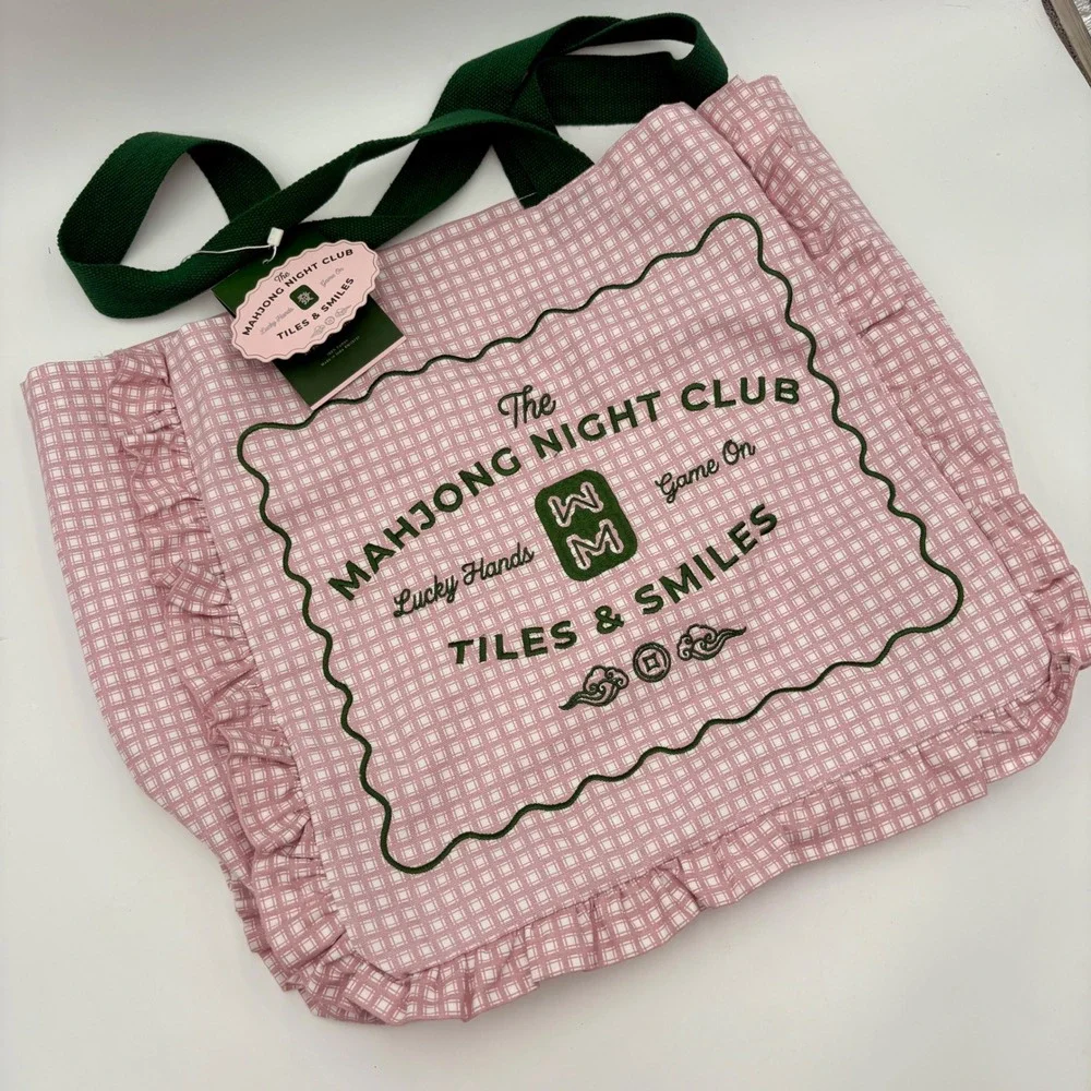 The Mahjong Night Club Pink Gingham Ruffle Tote Bag Lucky Hands Tiles & Smiles